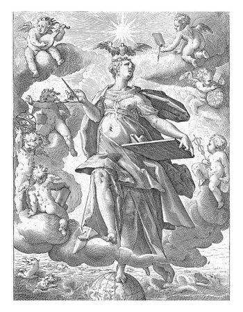 Eine Frau mit einem Stift in der einen Hand und einem Schreibtisch oder einer Schallplatte in der anderen balanciert mit einem Fuß auf einer Erdkugel. Um sie herum Engel mit Symbolen der sieben liberalen Künste.