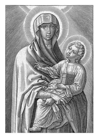 Foto de María con el Niño Jesús, Hieronymus Wierix, 1563 - 1600 La María velada lleva en sus brazos al Niño Jesús. El Niño sostiene un libro bajo su brazo y hace un gesto de bendición. - Imagen libre de derechos
