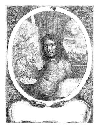 Téléchargez les photos : Pieter van der Hulst demi-longueur à gauche, assis devant un tableau. Dans sa main, il tient une palette, des pinceaux et un bâton de peintre. - en image libre de droit