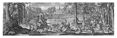 Foto de Un ciervo es cazado por perros y cazadores a pie y a caballo. La impresión tiene un título en latín y forma parte de una serie de 54 grabados. - Imagen libre de derechos