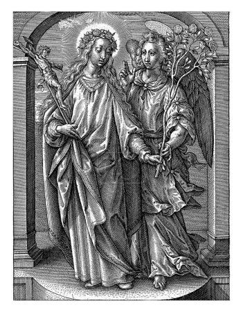 Foto de H. Lidwina van Schiedam, Hieronymus Wierix, 1563 - antes de 1619 Santa Lidwina van Schiedam, un crucifijo en su mano, recibe una rama en flor de su ángel de la guarda. - Imagen libre de derechos