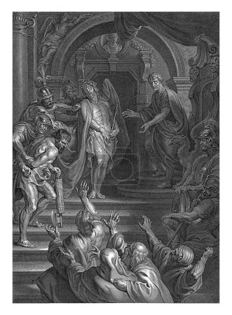 Photo for Pontius Pilate shows Christ to the Jews in front of the courthouse. The high priests cry out to enforce his crucifixion. In the bottom margin is a fragment from the bible text John 19. - Royalty Free Image