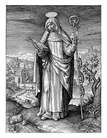 Landscape with Saint Gertrudes van Nivelles, Hieronymus Wierix, 1563 - before 1619 Saint Gertrudes van Nivelles (Nivelles), in abbess robes, holding a staff in her hand on which three mice climb.