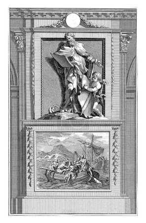 Foto de H. Clemens van Rome, Iglesia Padre, Jan Luyken, después de Jan Goeree, 1698 La Santa Iglesia Padre Clemens van Rome estudia una escritura, mientras que un ángel lo adorna con un escudo de armas con una mitra de obispo. - Imagen libre de derechos