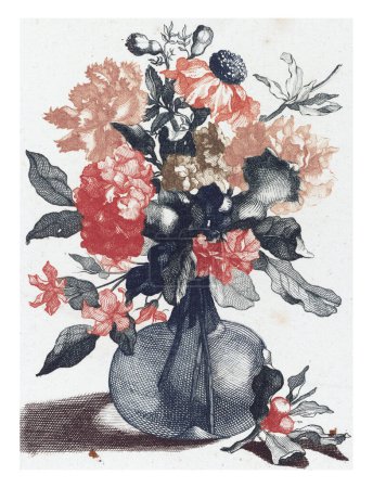 Téléchargez les photos : Cinq estampes de fleurs dans des vases en verre, anonymes, d'après Jean Baptiste Monnoyer, 1688-1698, gravées vintage. - en image libre de droit