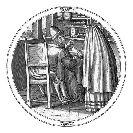 Foto de Maridos en las cuentas, anónimos, 1550 - 1610 Un hombre está trabajando en una mesa para actualizar los libros con entradas y gastos. Su esposa está con él. Él le dice que no hay nada que desear. - Imagen libre de derechos