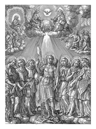 The Seven Archangels, from left to right: Raphael, Uriel, Gabriel, Michael, Shealtiel, Jehudiel and Barachiel. Above them in heaven the Trinity, with the symbols of the four evangelists.