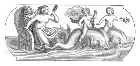 Amphitrite sits on a chariot pulled by two dolphins with putti. She looks in a hand mirror.