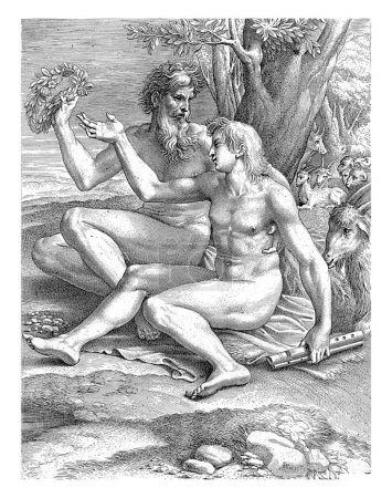 Two naked goatherds. The elder has a wreath and an arm around the young goatherd. He raises his hand to the wreath and holds a flute in the other hand.