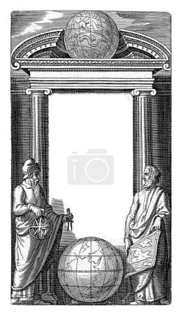 Foto de Dos eruditos se paran frente a un monumento decorado con un globo. A sus pies se encuentra un segundo globo. El hombre de la derecha tiene un mapa en la mano, el hombre de la izquierda un globo celeste y una brújula. - Imagen libre de derechos