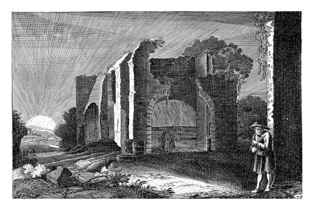 Foto de Un hombre, apoyado en un palo, cerca de una ruina, en la que dos figuras conversando. Detrás de ella un sol poniente. - Imagen libre de derechos