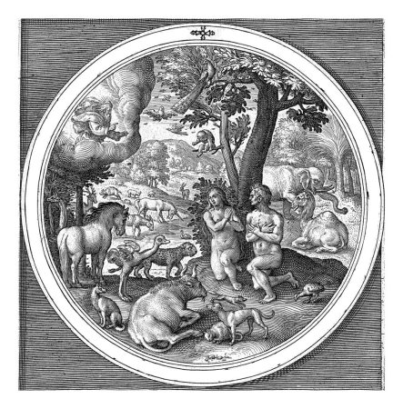 Der siebte Schöpfungstag: Adam und Eva im Paradies, Nicolaes de Bruyn, nach Maerten de Vos, 1581 - 1656 Der siebte Schöpfungstag: Adam und Eva knien vor Gottes Erscheinen im Paradies.