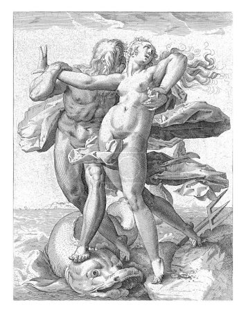 Neptune and Caenis, Hendrick Goltzius (workshop of), after Hendrick Goltzius, 1586 - 1590 Neptune, standing on a large fish in the sea, the virgin grabs Caenis by the arm and waist.