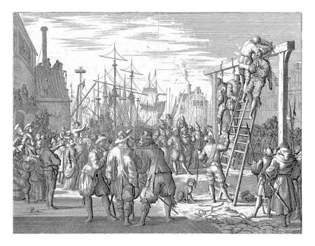 Pacieco hanged in Vlissingen, 1572, Jan Luyken, 1679 - 1684 Don Pedro (or Fernando) Pacieco, military architect (engineer) of the Duke of Alva, is hanged with two other Spaniards in Vlissingen.