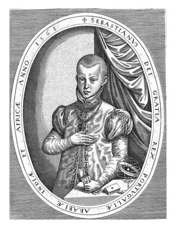 Foto de Retrato de medio cuerpo de Sebastián I de Portugal a la izquierda cerca de una mesa. Sobre la mesa una biblia y un brazo. - Imagen libre de derechos