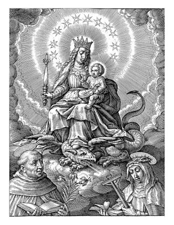 Foto de María como Reina del Cielo, con el Niño Jesús, Hieronymus Wierix, 1563 - antes de 1619 María como Reina del Cielo se sienta en las nubes con el Niño Cristo en su regazo (Regina Coeli). - Imagen libre de derechos