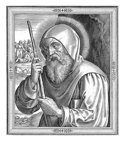Photo for Saint Francis of Paola, founder of the Order of Minims, with a stick in his hands. In the left background, the holy is healing sick people. - Royalty Free Image