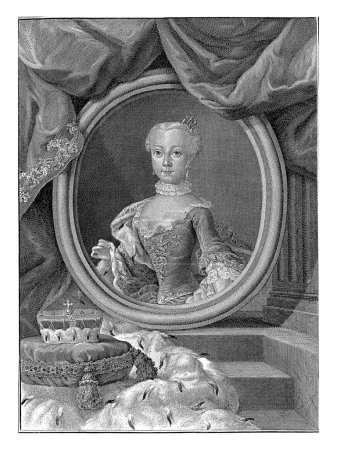 Portrait in oval of Johanna Gabriella, Archduchess of Austria, half-length to the left. A decorative pin has been inserted into the hair. To the left of the portrait is a crown on a cushion.