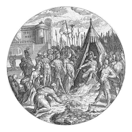 Téléchargez les photos : Après la victoire sur New Carthage, le général romain Scipion reçoit une vierge espagnole en cadeau. Scipion est assis dans sa tente devant les remparts de Carthage. - en image libre de droit