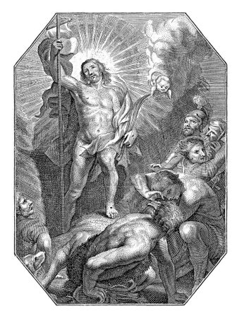 Photo for Resurrection of Christ, Cornelis Galle, 1586 - 1650 Christ rises from the tomb. He carries a palm branch and a cross with a banner in his hands. Light radiates from his head. - Royalty Free Image