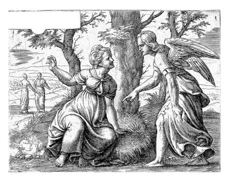 Prédiction de la naissance de Samson, Cornelis Massijs, 1549 La femme de Manoah est assise sous un arbre et reçoit le message de l'Archange Gabriel qu'elle aura un fils.