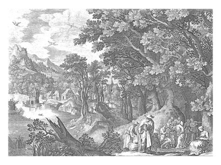 Téléchargez les photos : Paysage avec Christ Guérir un aveugle, Jan van Londerseel, d'après Nicolaes de Bruyn, d'après Gilles van Coninxloo (II), 1652 - 1702 Christ caresse les yeux d'un aveugle assis sur la route. - en image libre de droit