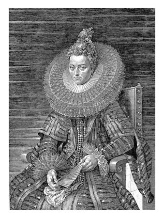 Téléchargez les photos : Portrait d'Isabella Clara Eugenia, infante d'Espagne et gouverneure des Pays-Bas, assise sur une chaise. Elle porte un collier de dentelle et tient un éventail dans ses mains. - en image libre de droit