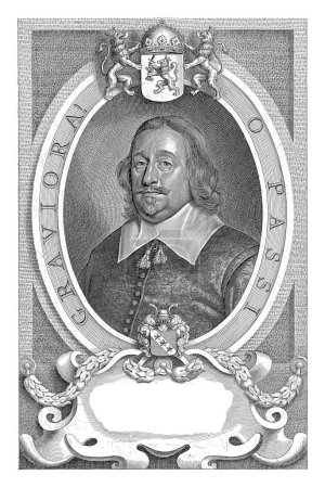 Téléchargez les photos : Portrait de Johann van Mathenesse, ovale avec inscription de bord. Van Mathenesse était émissaire des Pays-Bas et de la Frise occidentale lors des négociations pour la paix de Munster. - en image libre de droit