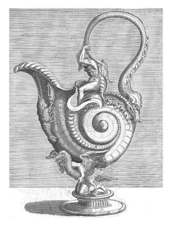 Téléchargez les photos : Cruche en forme de coquille d'escargot, portée par un satyre agenouillé entre deux oiseaux, Balthazar van den Bos, d'après Cornelis Floris (II), 1548 L'oreille est formée par la queue gigantesque. - en image libre de droit