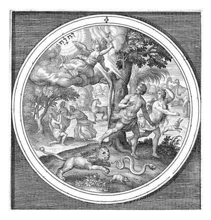 Téléchargez les photos : Expulsion du Paradis, Nicolaes de Bruyn, d'après Maerten de Vos, 1581 - 1656 Adam et Ève sont chassés du paradis par un ange avec une épée flamboyante. - en image libre de droit