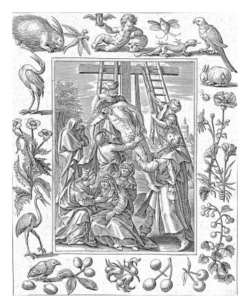 Foto de Descenso de la Cruz, Antonie Wierix (II), después de Maerten de Vos, 1582 - 1586 El cuerpo de Cristo es bajado de la cruz por Nicodemo, José y dos hombres desconocidos. - Imagen libre de derechos