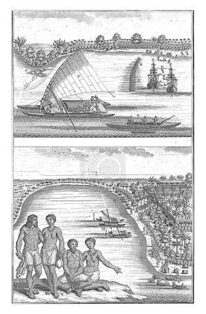 Foto de Vistas de la isla de Amsterdam, Frederik Ottens, 1717 - 1770 Dos imágenes de la isla de Amsterdam. Por encima de los barcos de la costa. Dos barcos nativos y dos barcos holandeses. - Imagen libre de derechos