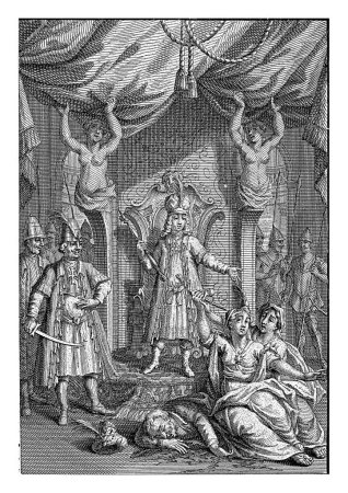 Foto de En la sala del trono, un monarca observa como un hombre y dos mujeres se quitan la vida con una daga. - Imagen libre de derechos