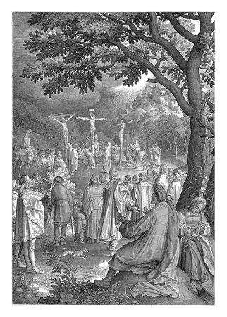 Foto de Cristo en la Cruz, Nicolás de Bruyn, 1670 - 1711 La Crucifixión de Cristo en el Monte Calvario. A su izquierda y derecha están los criminales que fueron crucificados con él. - Imagen libre de derechos
