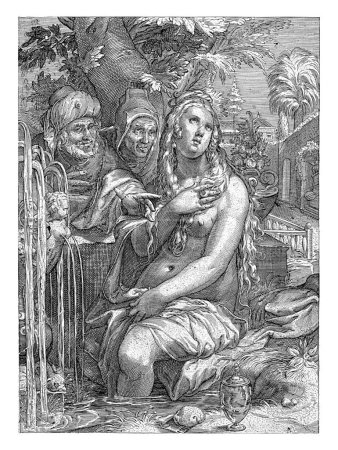 Téléchargez les photos : Susanna, à moitié nue, est assise au bord de la baignoire. Deux aînés la regardent se baigner et lui parlent. - en image libre de droit