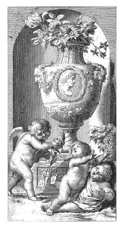 Photo for Allegorical representation with three putti with a classic garden vase in a niche. - Royalty Free Image