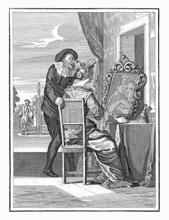 Foto de View, Caspar Luyken, 1698 - 1702 En primer plano, una mujer sentada y un hombre mayor con gafas se miran al espejo. Al fondo, un caballero ricamente vestido mira al agua de una fuente. - Imagen libre de derechos