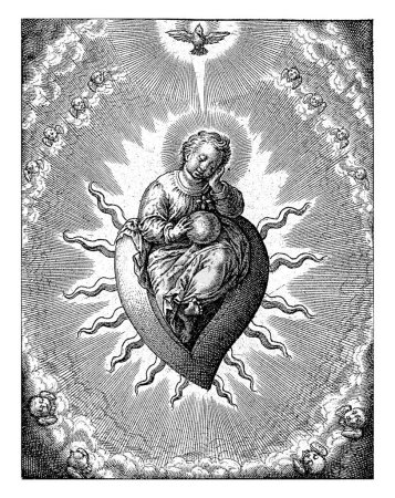 Virtue of the heart, Hieronymus Wierix, 1563 - before 1619 The sleeping Christ child sits on a flaming heart, surrounded by cherubs. At the top the Holy Spirit in the form of a dove.