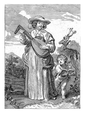 Photo for Personification of the sense Hearing. A woman plays the lute in a hilly landscape. Next to her is Amor with an open book. Behind them is a deer. - Royalty Free Image