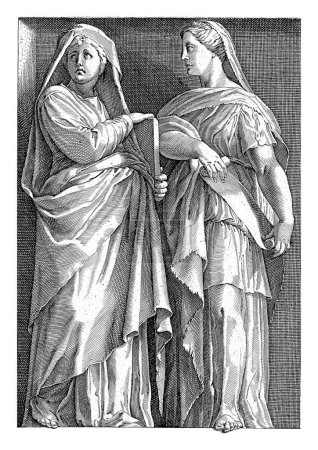 Zwei Sibyllen, einer hält ein Buch oder Tablet, der andere eine Schriftrolle. Unter der Aufführung ein zweizeiliger Text in lateinischer Sprache.