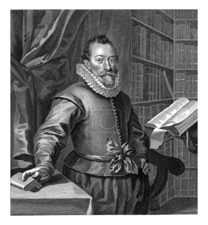 Téléchargez les photos : Portrait de Jacobus Taurinus, debout à un lutrin dans une bibliothèque. - en image libre de droit