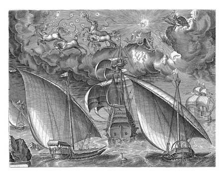 Two galleys sailing behind a three-masted ship, in the sky the fall of Phaethon from the sun chariot and Jupiter on a cloud.