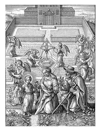 Foto de Sagrada Familia en un jardín, Antonie Wierix (III), después de Hieronymus Wierix, 1606 - antes de 1619 José y María se arrodillan ante el Niño Jesús y le dan flores. - Imagen libre de derechos