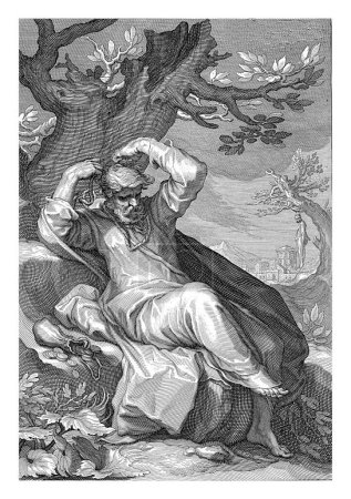 Photo for Judas Iscariot hangs himself, Willem Isaacsz. van Swanenburg, after Abraham Bloemaert, 1611 Judas Iscariot sits under a tree and ties a rope around his neck. Next to him is a money bag. - Royalty Free Image