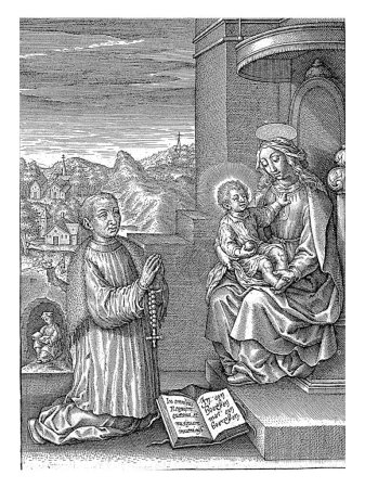 Foto de Tomás un Kempis arrodillado ante María con el niño Cristo, Jerónimo Wierix, 1563 - antes de 1619 Tomás un Kempis arrodillado en adoración ante María y el niño Cristo. - Imagen libre de derechos