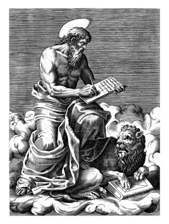 The evangelist Mark sitting on a cloud with at his feet his attribute, one of the four apocalyptic creatures, the lion. Print from a series of four.