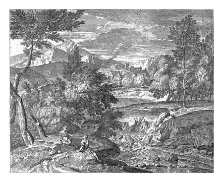 Téléchargez les photos : Arcadian Landscape with Two Figures at a Waterfall, Richard van Orley (II), d'après Jean Franois Millet (I), 1678-1732. - en image libre de droit
