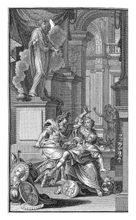 El emperador Caracalla mata a su hermano Geta con su espada. Dos mujeres corren hacia él para detenerlo..