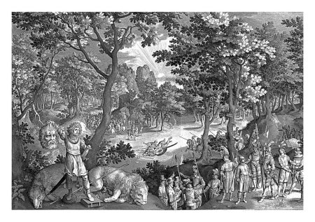 Foto de David y Goliat, Nicolaes de Bruyn, 1609 En medio de la batalla entre filisteos e israelitas. David está a punto de decapitar a Goliat. En primer plano David con la cabeza de Goliat. - Imagen libre de derechos