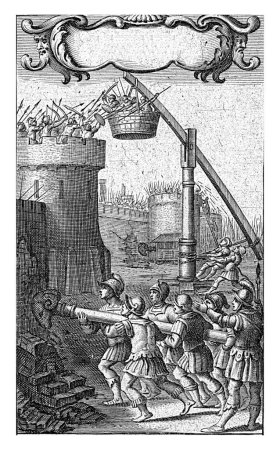 Photo for Soldiers attack the fortress with a battering ram, on the walls soldiers defend themselves against the attack, Cornelis van Dalen (I), 1645 - Royalty Free Image